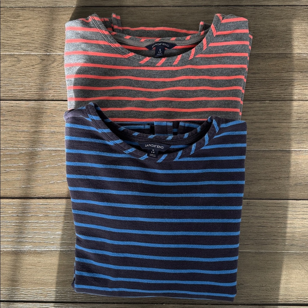 Bundle of 2 Lands End striped long sleeve tees size S, gray/coral & blue/navy